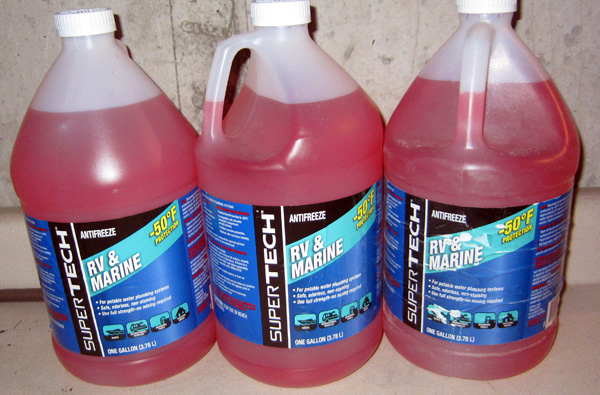 This propylene glycol antifreeze is about $5 a gallon. It takes about two gallons for the Airstream.